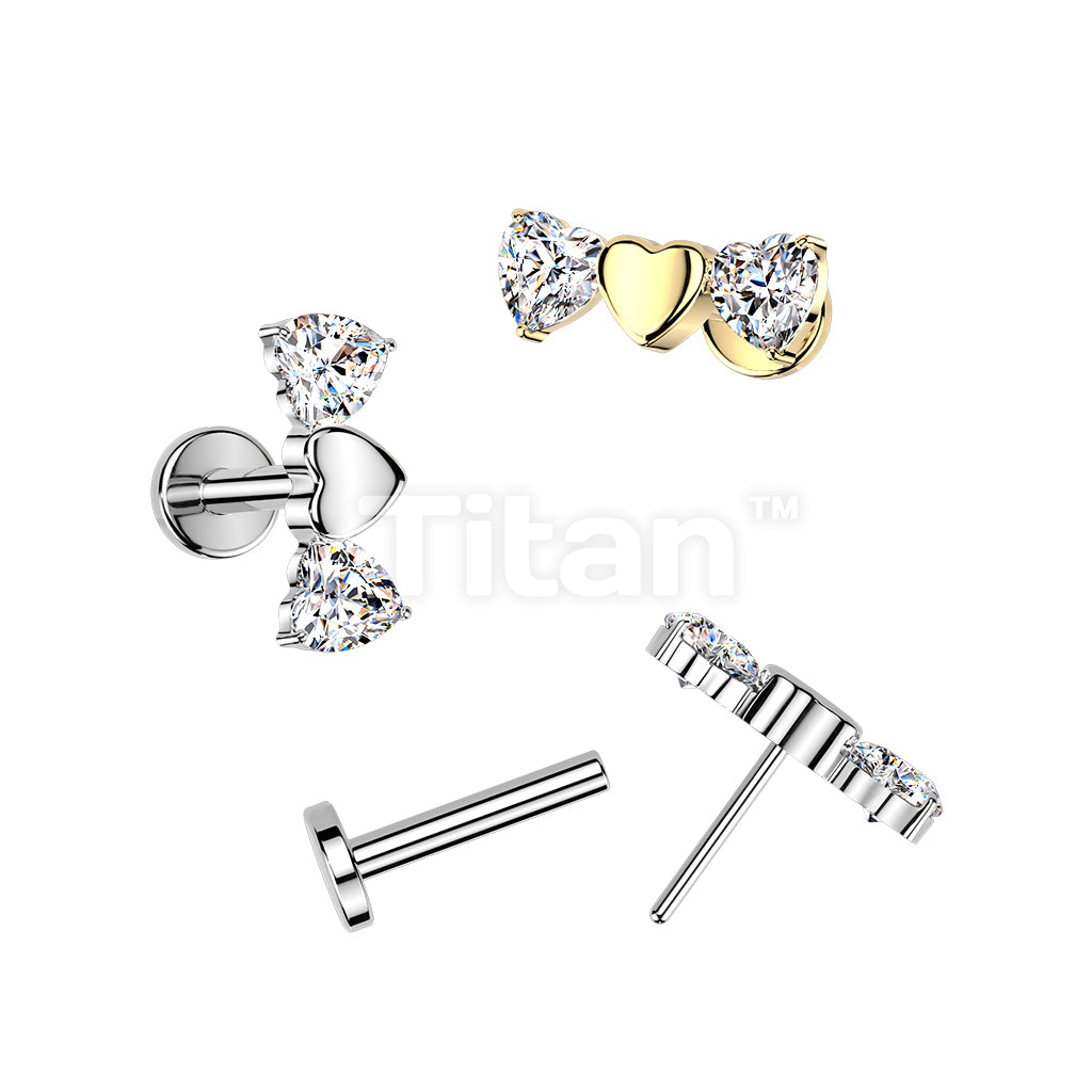 Titanium Threadless Push In Flat Back Earring Stud With Triple Heart Top And 2 CZ Heart 