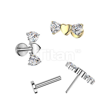 Titanium Threadless Push In Flat Back Earring Stud With Triple Heart Top And 2 CZ Heart 