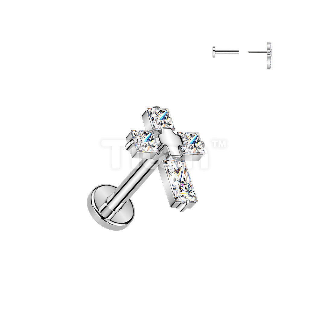Titanium Threadless Push In Flat Back Earring Stud With 4 CZ Cross Top - Image 2