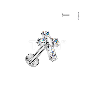 Titanium Threadless Push In Flat Back Earring Stud With 4 CZ Cross Top - Image 2