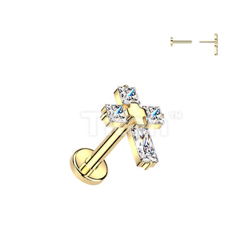 Titanium Threadless Push In Flat Back Earring Stud With 4 CZ Cross Top - Image 3