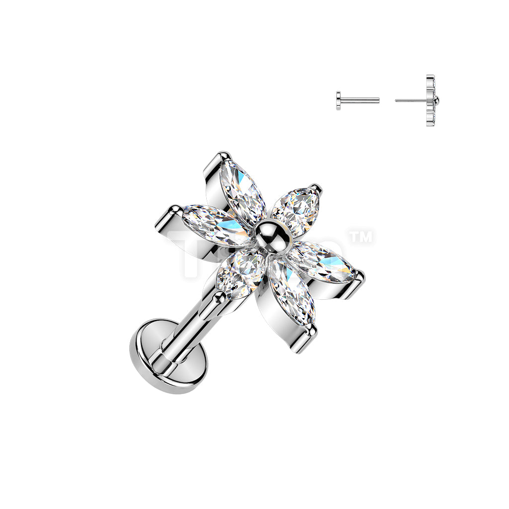 Titanium Threadless Push In Flat Back Earring Stud With 6 Marquise CZ Petals Flower - Image 2