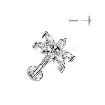 Titanium Threadless Push In Flat Back Earring Stud With 6 Marquise CZ Petals Flower - Image 2