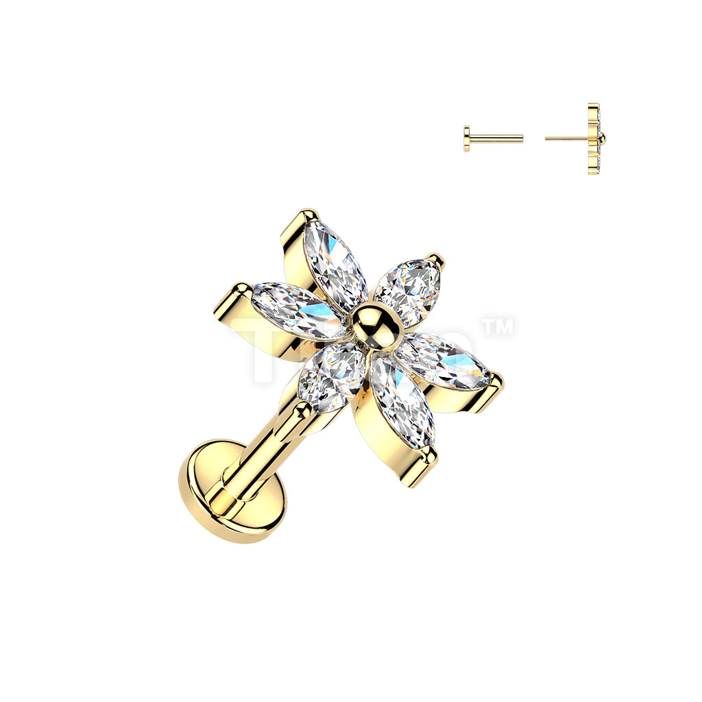 Titanium Threadless Push In Flat Back Earring Stud With 6 Marquise CZ Petals Flower - Image 3