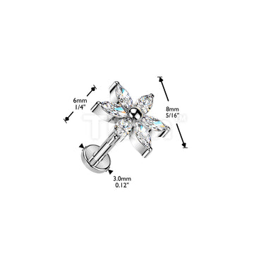 Titanium Threadless Push In Flat Back Earring Stud With 6 Marquise CZ Petals Flower - Image 4