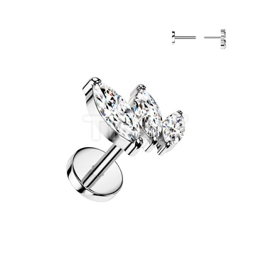 Implant Grade Titanium Threadless Push In 20ga Flat Back Earring Stud With Triple Marquise CZ Top - Image 2