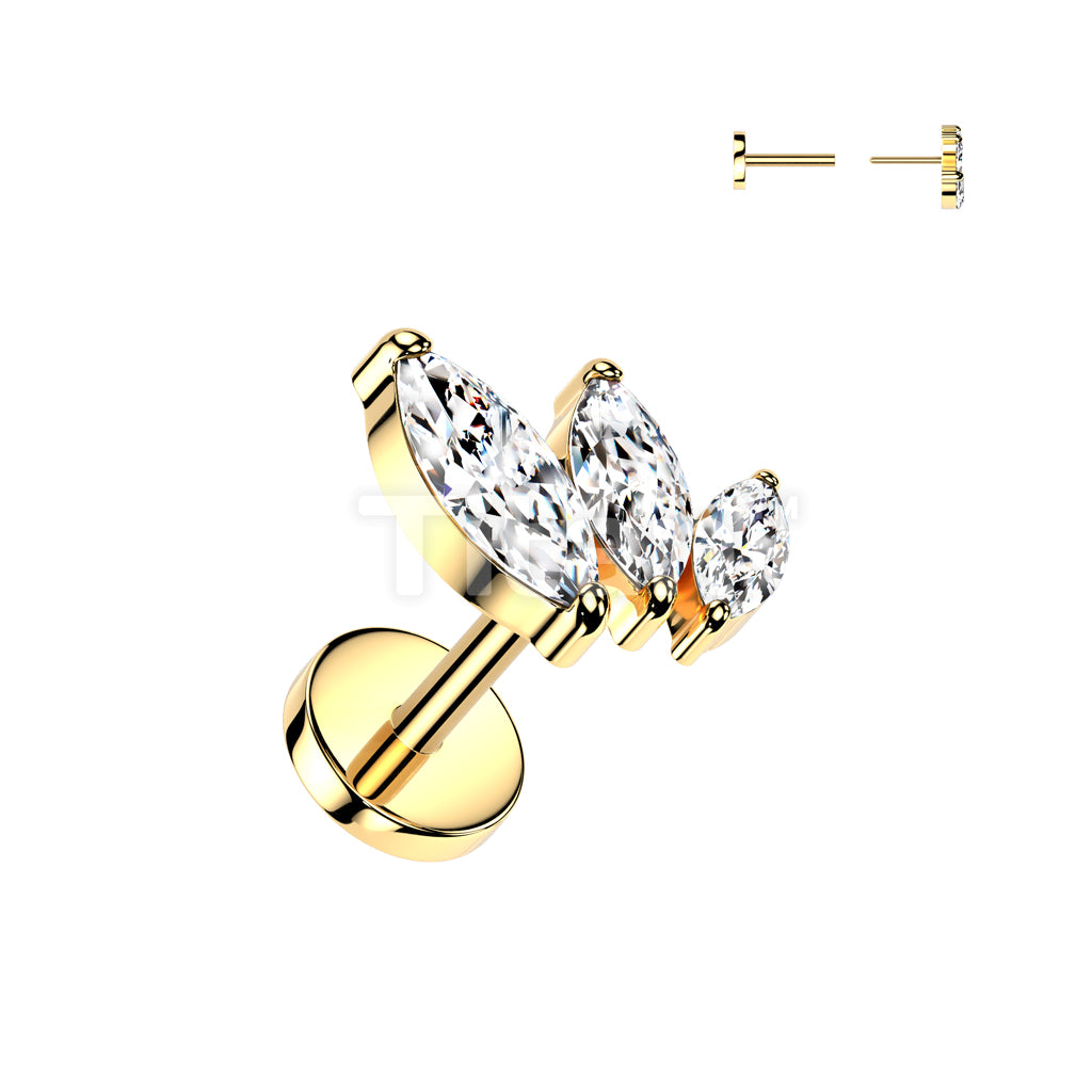 Implant Grade Titanium Threadless Push In 20ga Flat Back Earring Stud With Triple Marquise CZ Top - Image 3