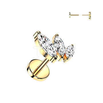 Implant Grade Titanium Threadless Push In 20ga Flat Back Earring Stud With Triple Marquise CZ Top - Image 3