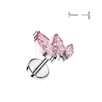 Implant Grade Titanium Threadless Push In 20ga Flat Back Earring Stud With Triple Marquise CZ Top - Image 4