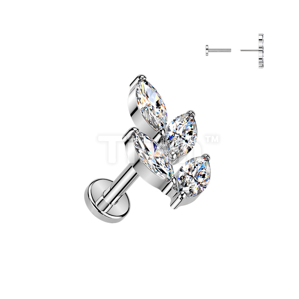 Titanium Threadless Push In Flat Back Earring Stud With Marquise CZ Leaf Top - Image 2