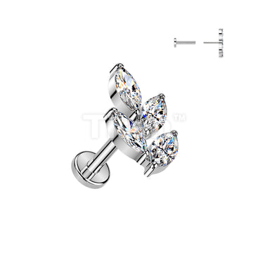 Titanium Threadless Push In Flat Back Earring Stud With Marquise CZ Leaf Top - Image 2