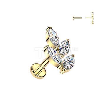 Titanium Threadless Push In Flat Back Earring Stud With Marquise CZ Leaf Top - Image 3