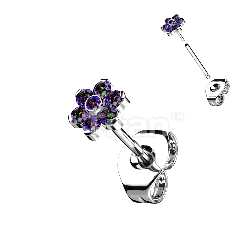1pc Implant Grade Titanium Threadless Earring Stud With CZ Flower Top - Image 6