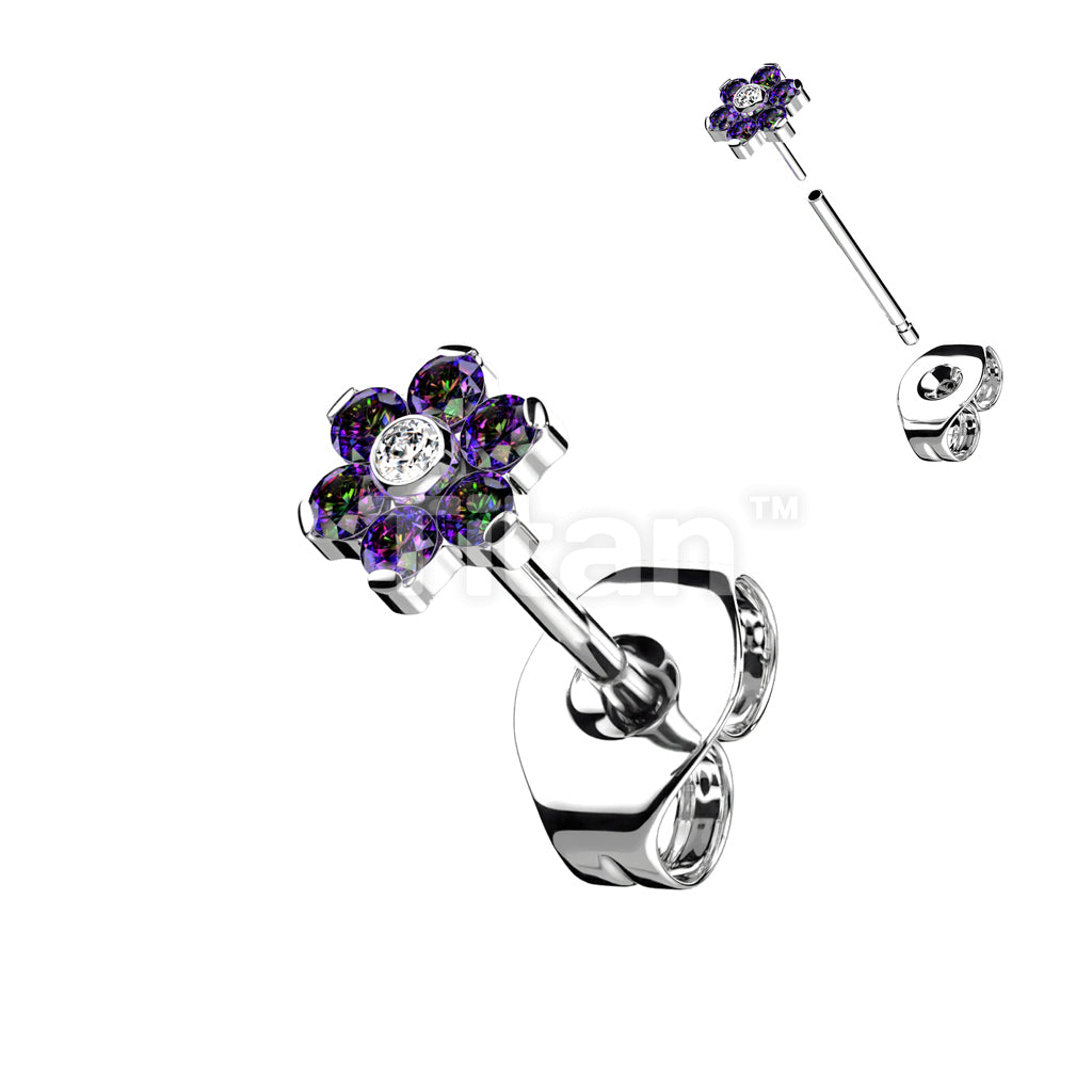 1pc Implant Grade Titanium Threadless Earring Stud With CZ Flower Top - Image 7