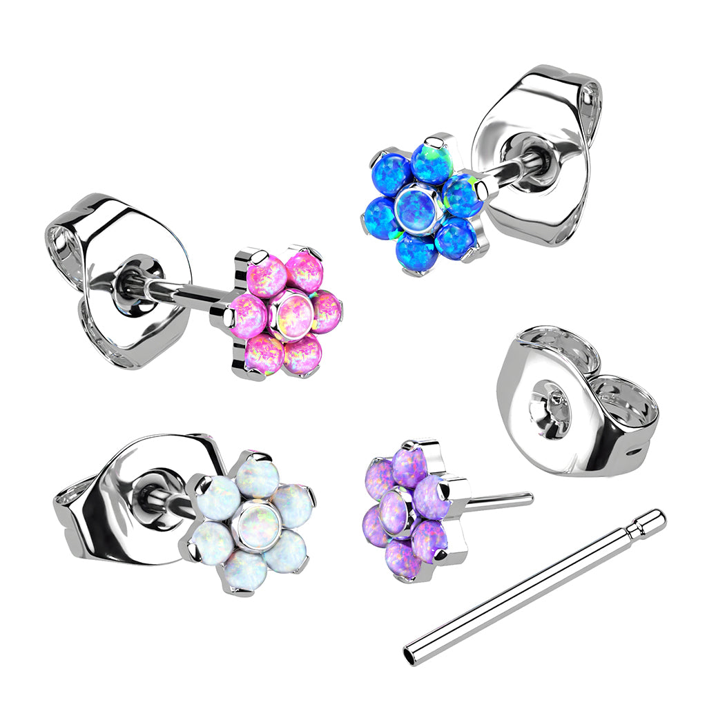 1pc Implant Grade Titanium Threadless Earring Stud With Opal Flower Top