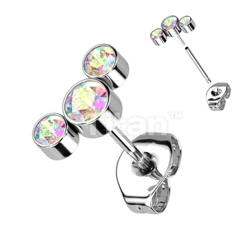 1pc Implant Grade Titanium Threadless Push In 3 Round Bezel Set CZ Curve Top Earring Stud - Image 2