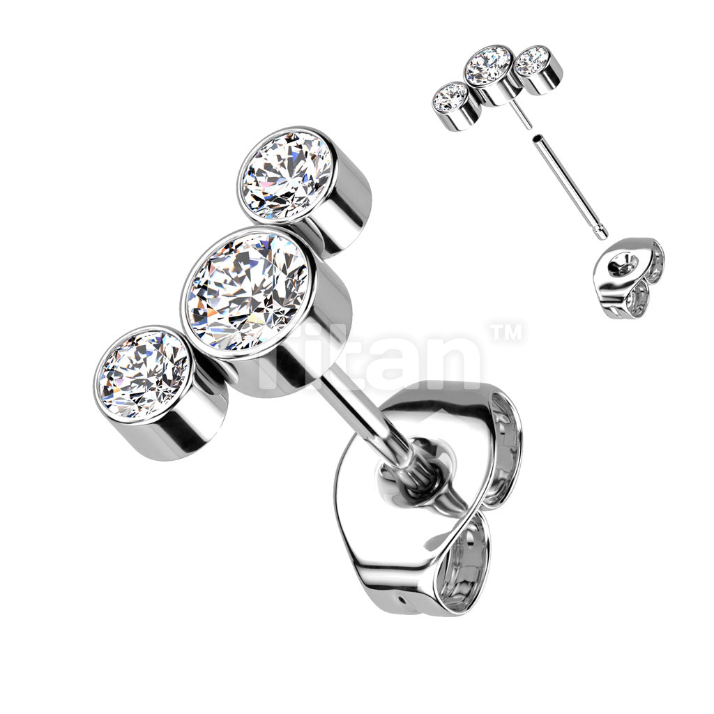 1pc Implant Grade Titanium Threadless Push In 3 Round Bezel Set CZ Curve Top Earring Stud - Image 3