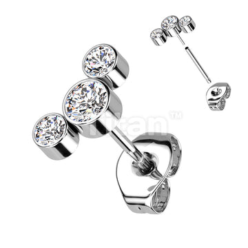 1pc Implant Grade Titanium Threadless Push In 3 Round Bezel Set CZ Curve Top Earring Stud - Image 3