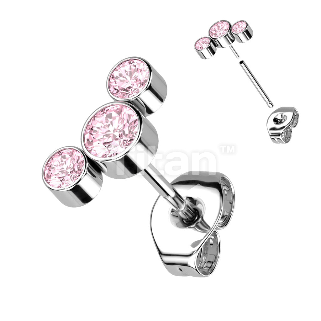 1pc Implant Grade Titanium Threadless Push In 3 Round Bezel Set CZ Curve Top Earring Stud - Image 4