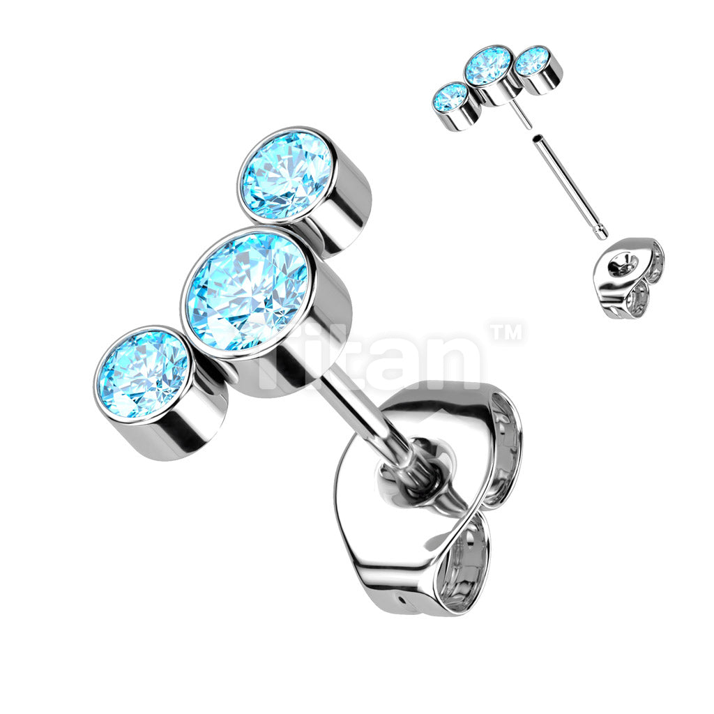 1pc Implant Grade Titanium Threadless Push In 3 Round Bezel Set CZ Curve Top Earring Stud - Image 5
