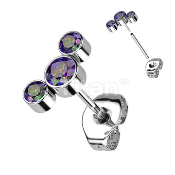 1pc Implant Grade Titanium Threadless Push In 3 Round Bezel Set CZ Curve Top Earring Stud - Image 6