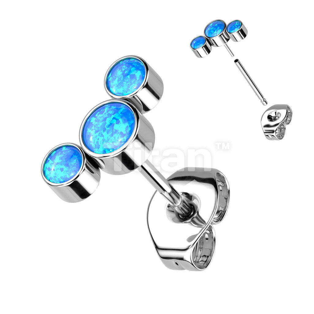 1pc Implant Grade Titanium Threadless Push In 3 Round Bezel Set Opal Curve Top Earring Stud - Image 2