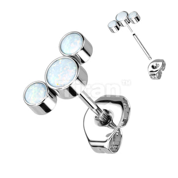 1pc Implant Grade Titanium Threadless Push In 3 Round Bezel Set Opal Curve Top Earring Stud - Image 3