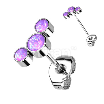 1pc Implant Grade Titanium Threadless Push In 3 Round Bezel Set Opal Curve Top Earring Stud - Image 5