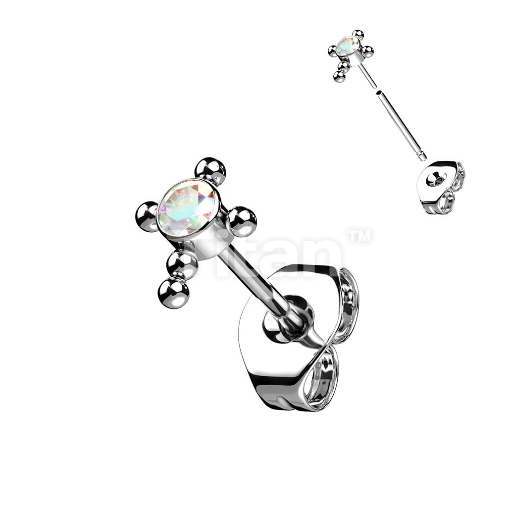 1pc Implant Grade Titanium Threadless Earring Stud With CZ or Opal Center Beaded Ball Cross Top - Image 2