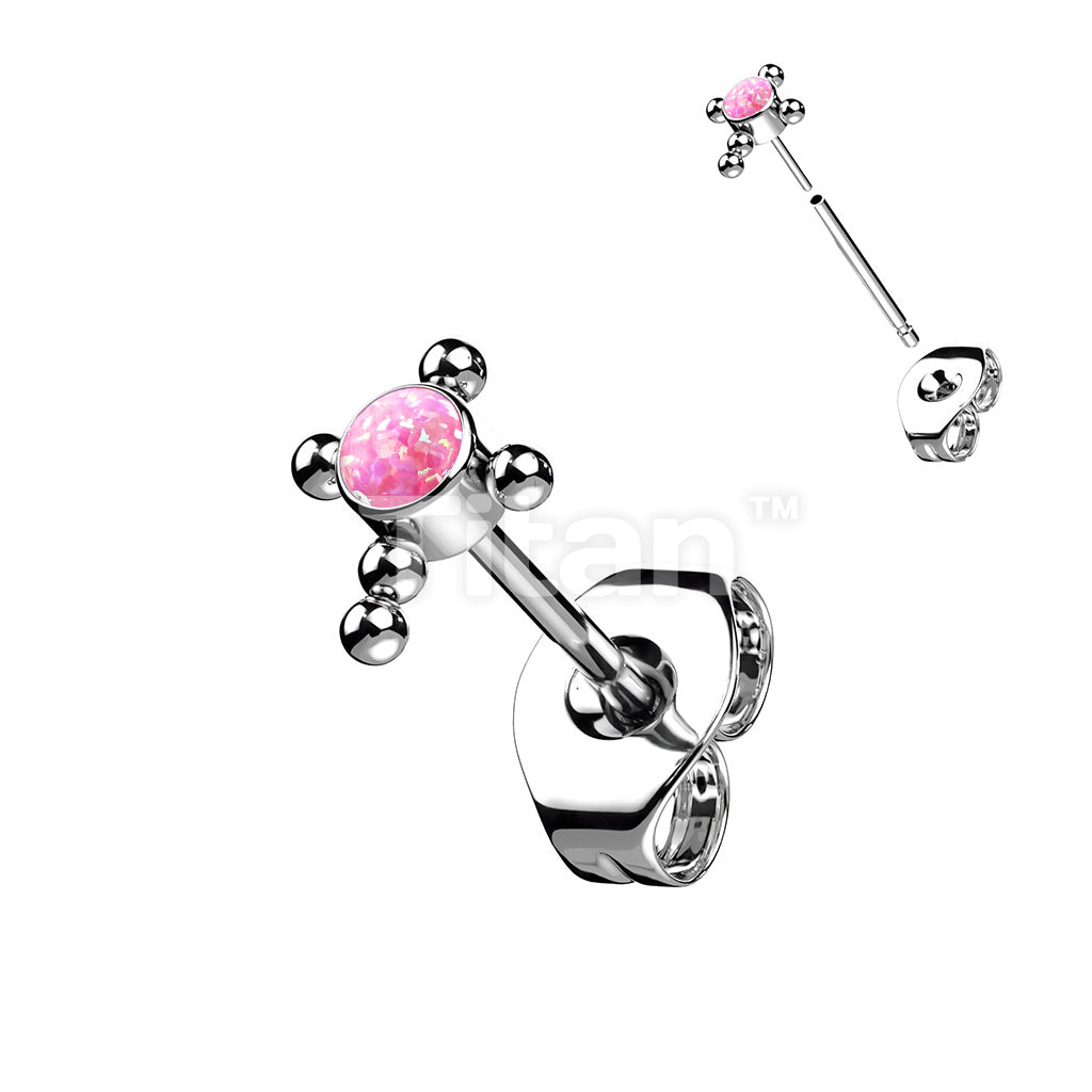 1pc Implant Grade Titanium Threadless Earring Stud With CZ or Opal Center Beaded Ball Cross Top - Image 6