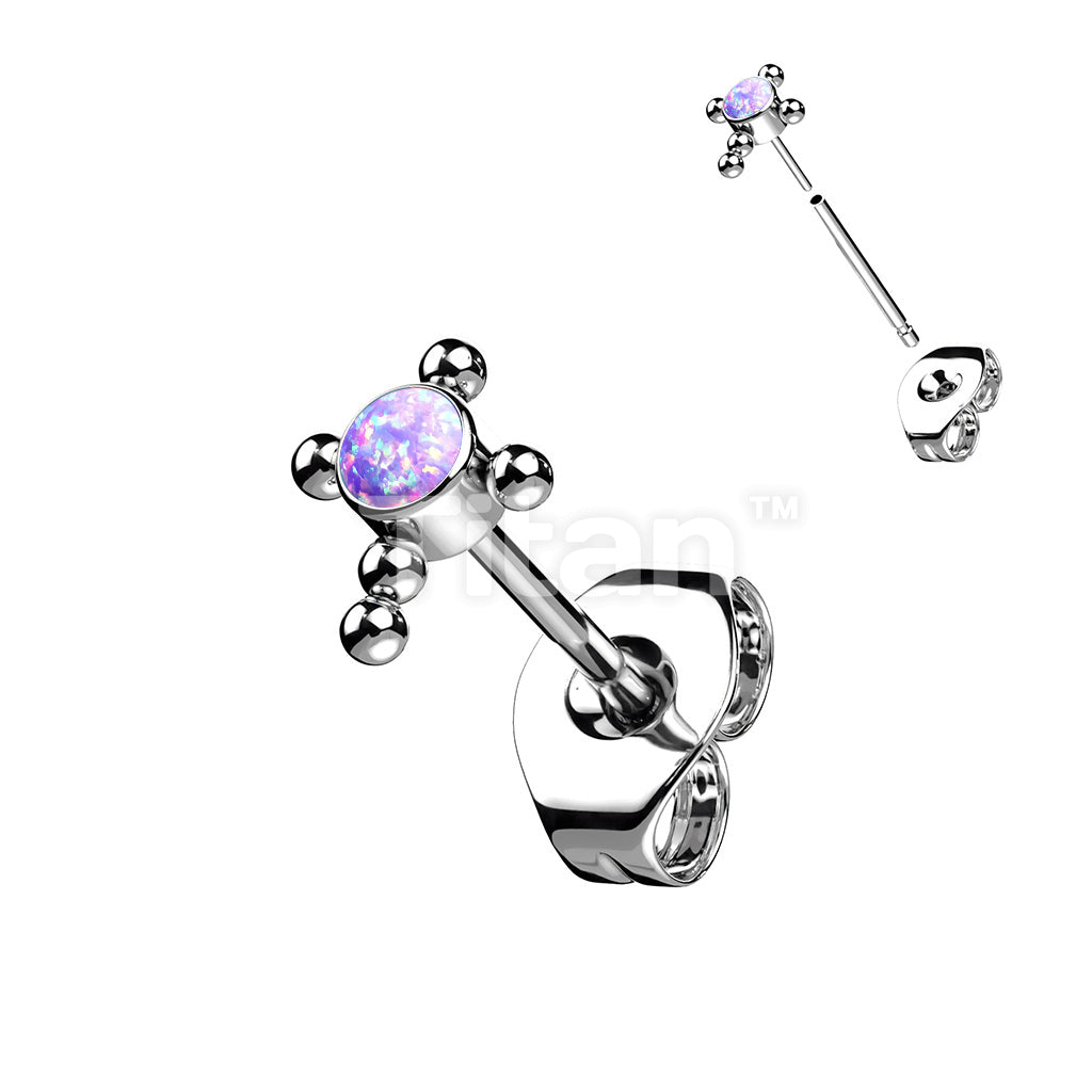 1pc Implant Grade Titanium Threadless Earring Stud With CZ or Opal Center Beaded Ball Cross Top - Image 7