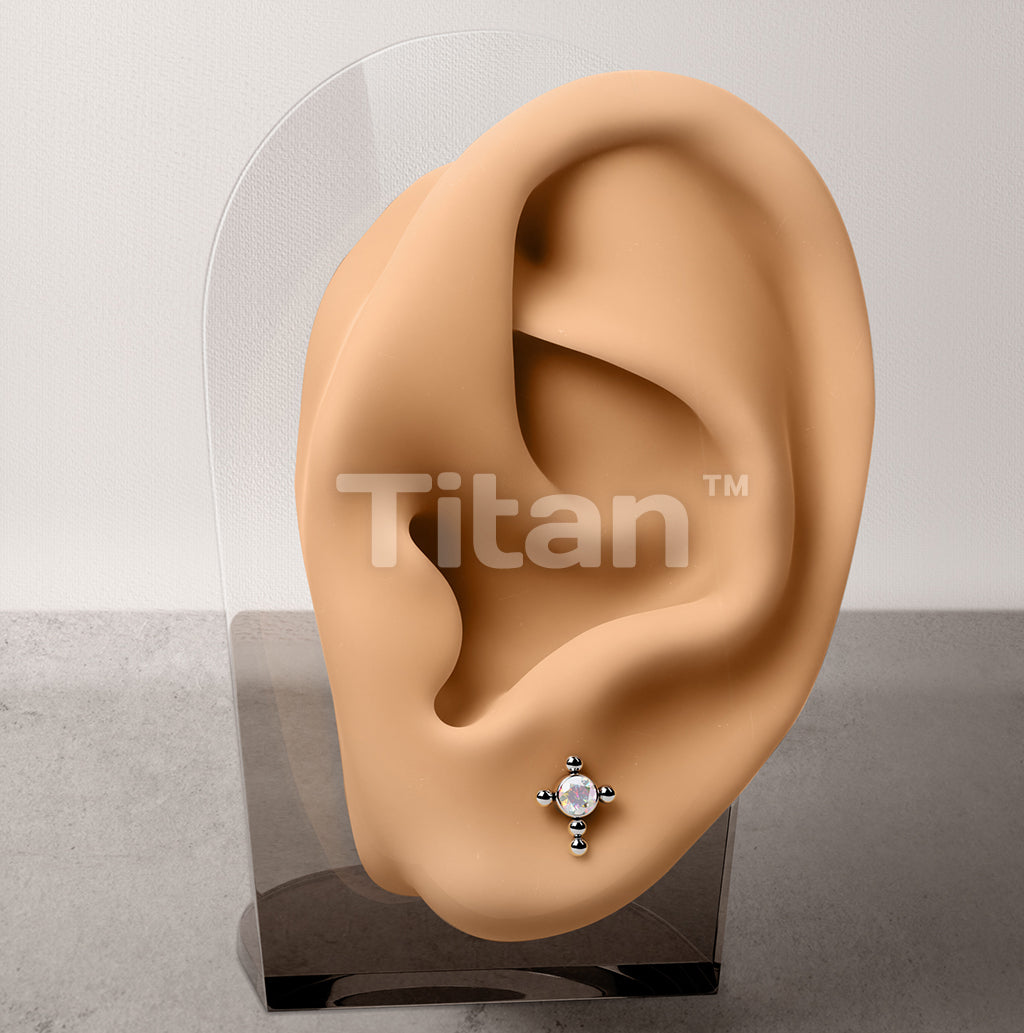 1pc Implant Grade Titanium Threadless Earring Stud With CZ or Opal Center Beaded Ball Cross Top - Image 9