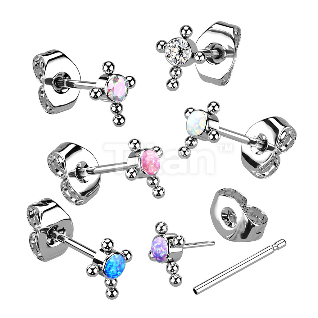 1pc Implant Grade Titanium Threadless Earring Stud With CZ or Opal Center Beaded Ball Cross Top