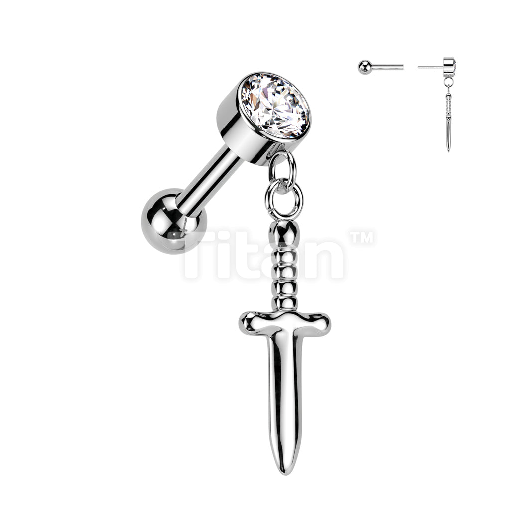 Implant Grade Titanium Threadless Push In Cartilage Barbell With Round Bezel Set CZ and Dagger Dangle Top - Image 2