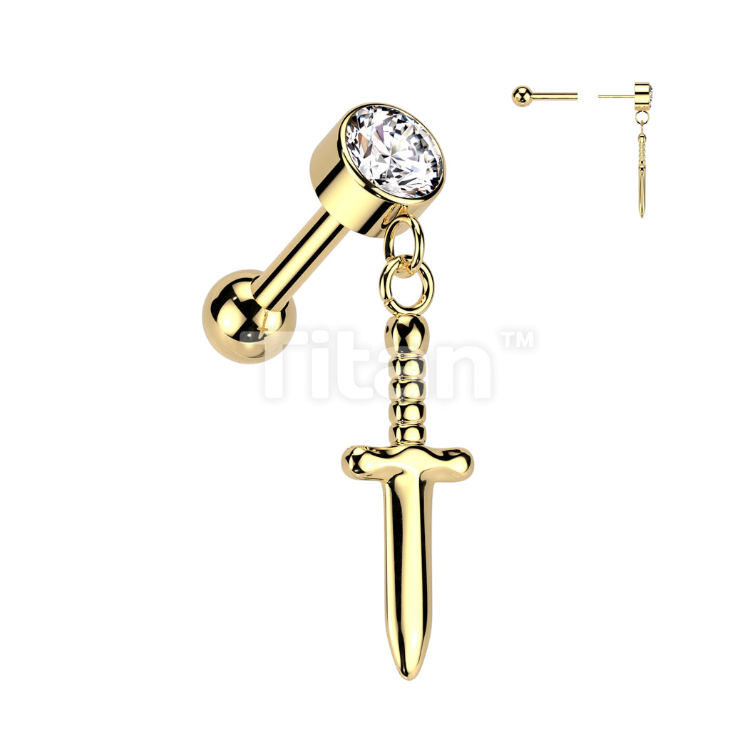 Implant Grade Titanium Threadless Push In Cartilage Barbell With Round Bezel Set CZ and Dagger Dangle Top - Image 3
