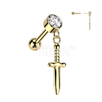 Implant Grade Titanium Threadless Push In Cartilage Barbell With Round Bezel Set CZ and Dagger Dangle Top - Image 3