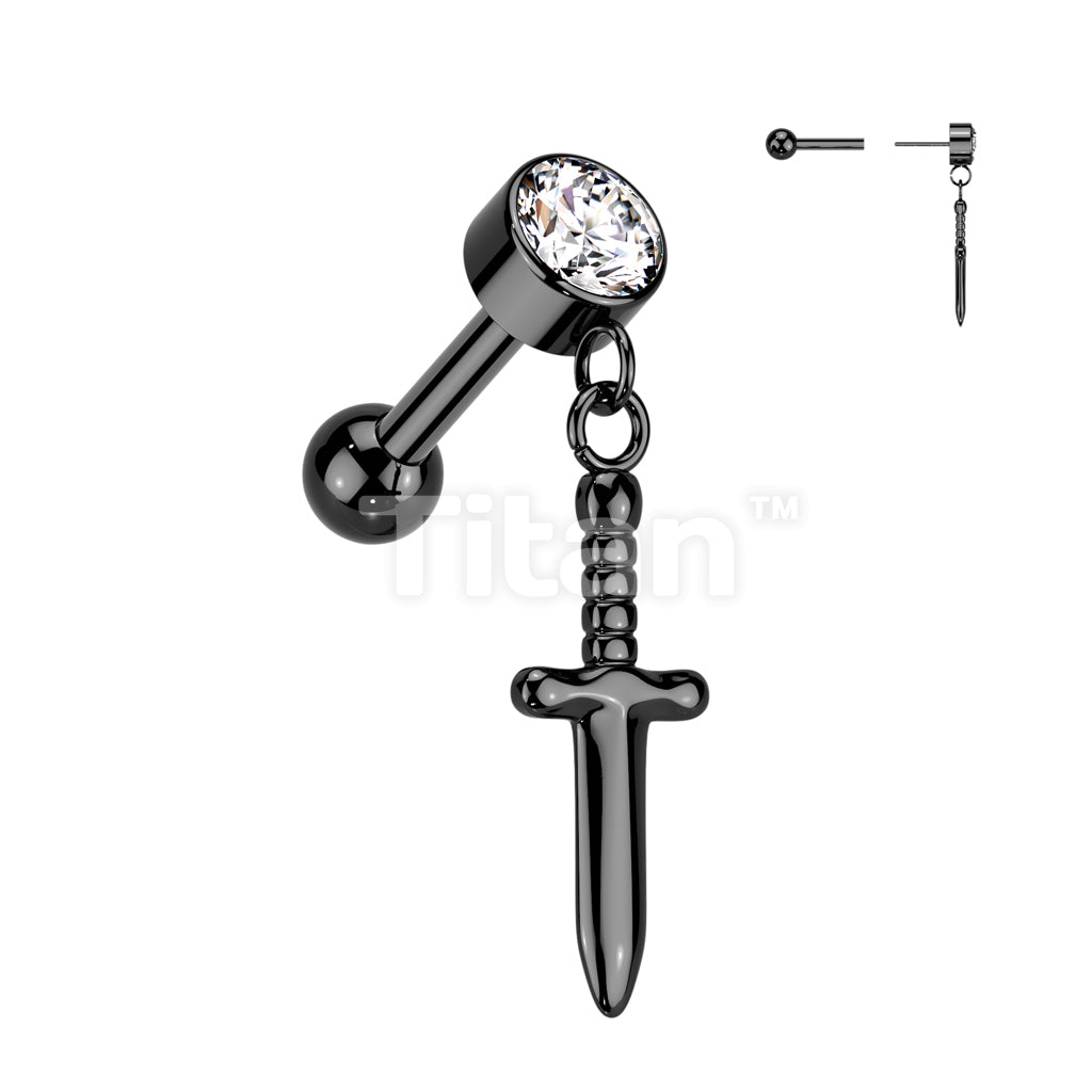 Implant Grade Titanium Threadless Push In Cartilage Barbell With Round Bezel Set CZ and Dagger Dangle Top - Image 4