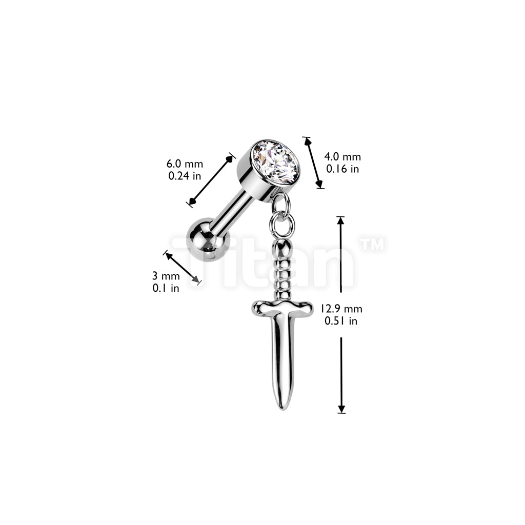 Implant Grade Titanium Threadless Push In Cartilage Barbell With Round Bezel Set CZ and Dagger Dangle Top - Image 5
