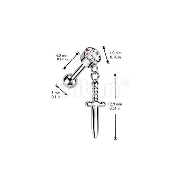 Implant Grade Titanium Threadless Push In Cartilage Barbell With Round Bezel Set CZ and Dagger Dangle Top - Image 5