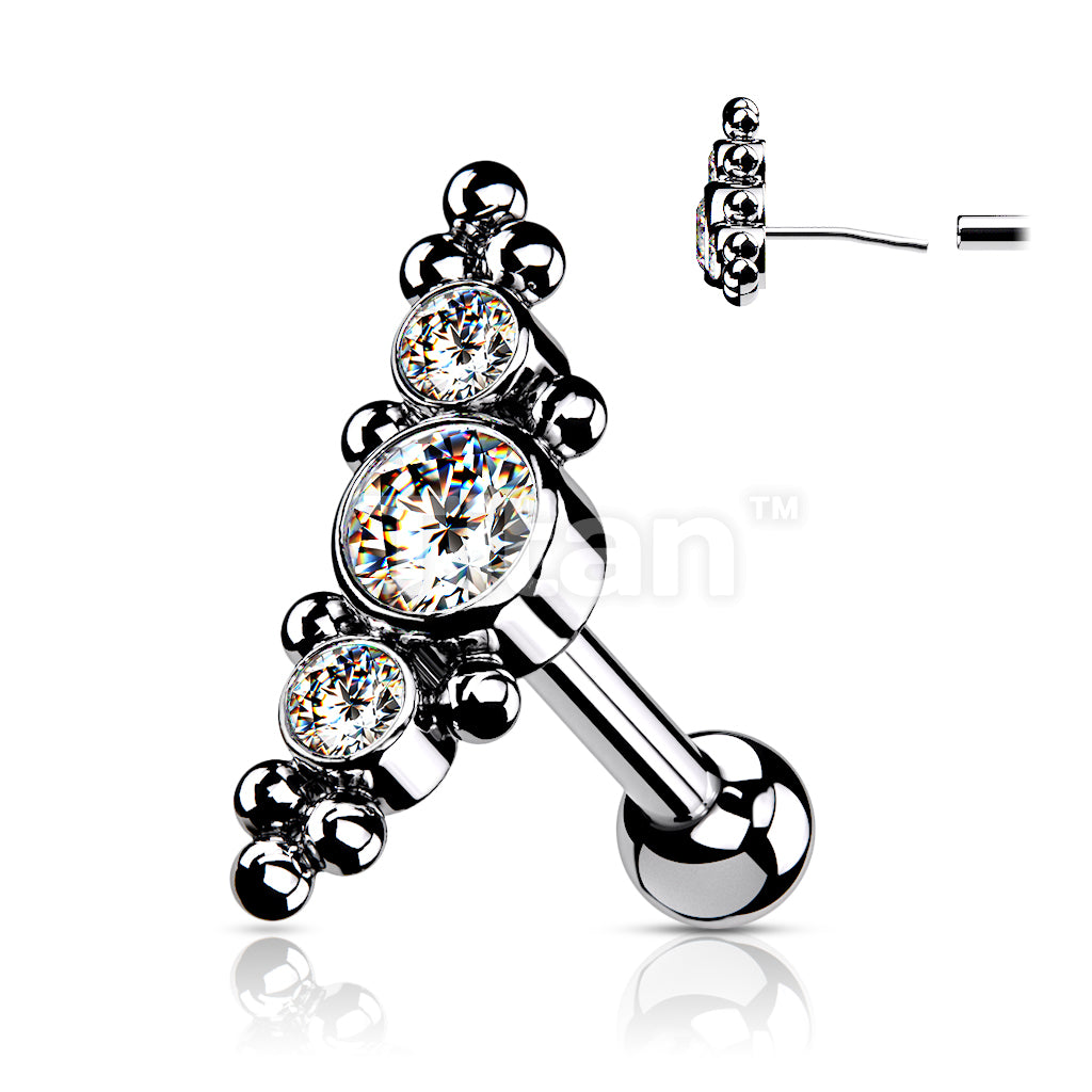 Implant Grade Titanium Threadless Push In Cartilage Barbell With 3 Bezel Set CZs and Ball Clusters Top - Image 4