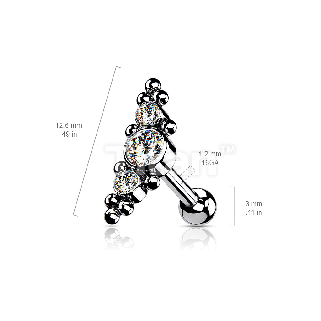 Implant Grade Titanium Threadless Push In Cartilage Barbell With 3 Bezel Set CZs and Ball Clusters Top - Image 7