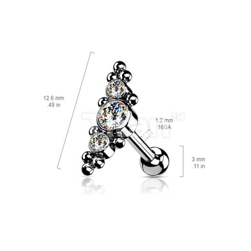Implant Grade Titanium Threadless Push In Cartilage Barbell With 3 Bezel Set CZs and Ball Clusters Top - Image 7