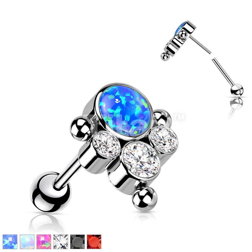 Implant Grade Titanium Threadless Push In Cartilage Barbell With Bezel Set CZ or Opal and Ball Cluster Top - Image 2