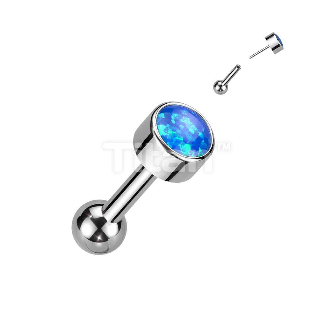 Implant Grade Titanium Threadless Push In Cartilage Barbell With Round Bezel Set Opal Top - Image 2