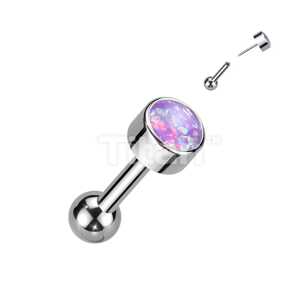 Implant Grade Titanium Threadless Push In Cartilage Barbell With Round Bezel Set Opal Top - Image 4