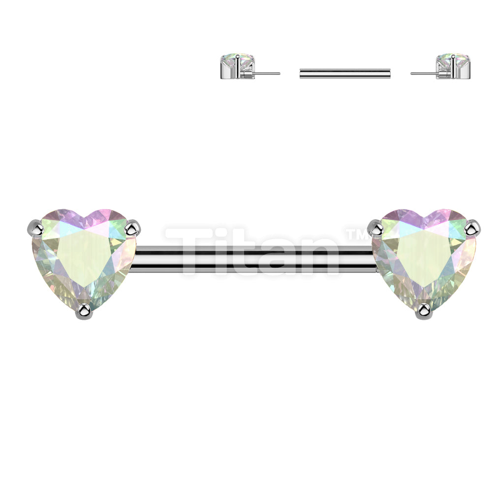 Implant Grade Titanium Threadless Push In Nipple Barbell With Prong Set Heart CZ Ends - Image 2