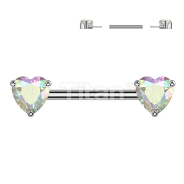 Implant Grade Titanium Threadless Push In Nipple Barbell With Prong Set Heart CZ Ends - Image 2