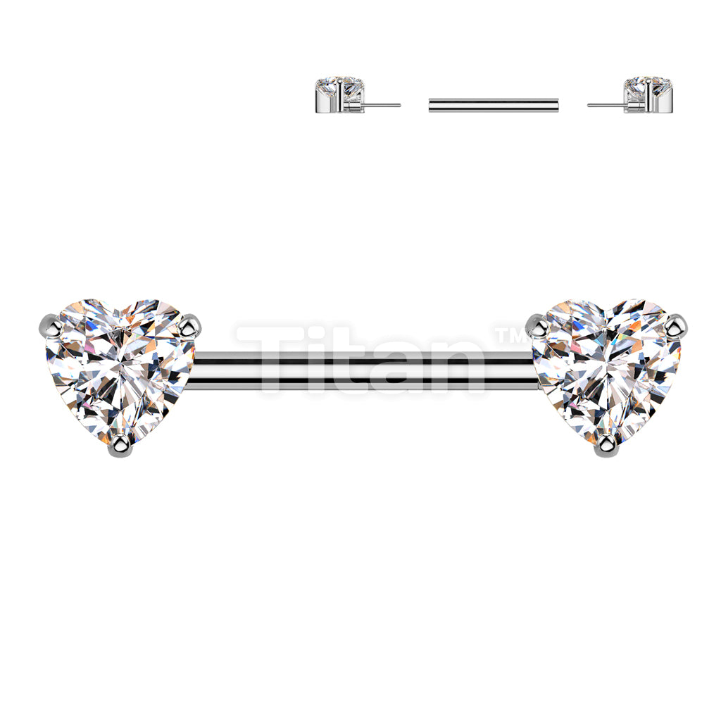 Implant Grade Titanium Threadless Push In Nipple Barbell With Prong Set Heart CZ Ends - Image 3