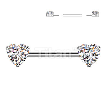 Implant Grade Titanium Threadless Push In Nipple Barbell With Prong Set Heart CZ Ends - Image 3