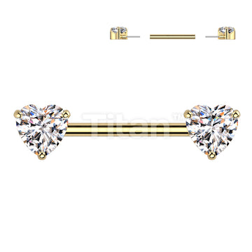 Implant Grade Titanium Threadless Push In Nipple Barbell With Prong Set Heart CZ Ends - Image 4